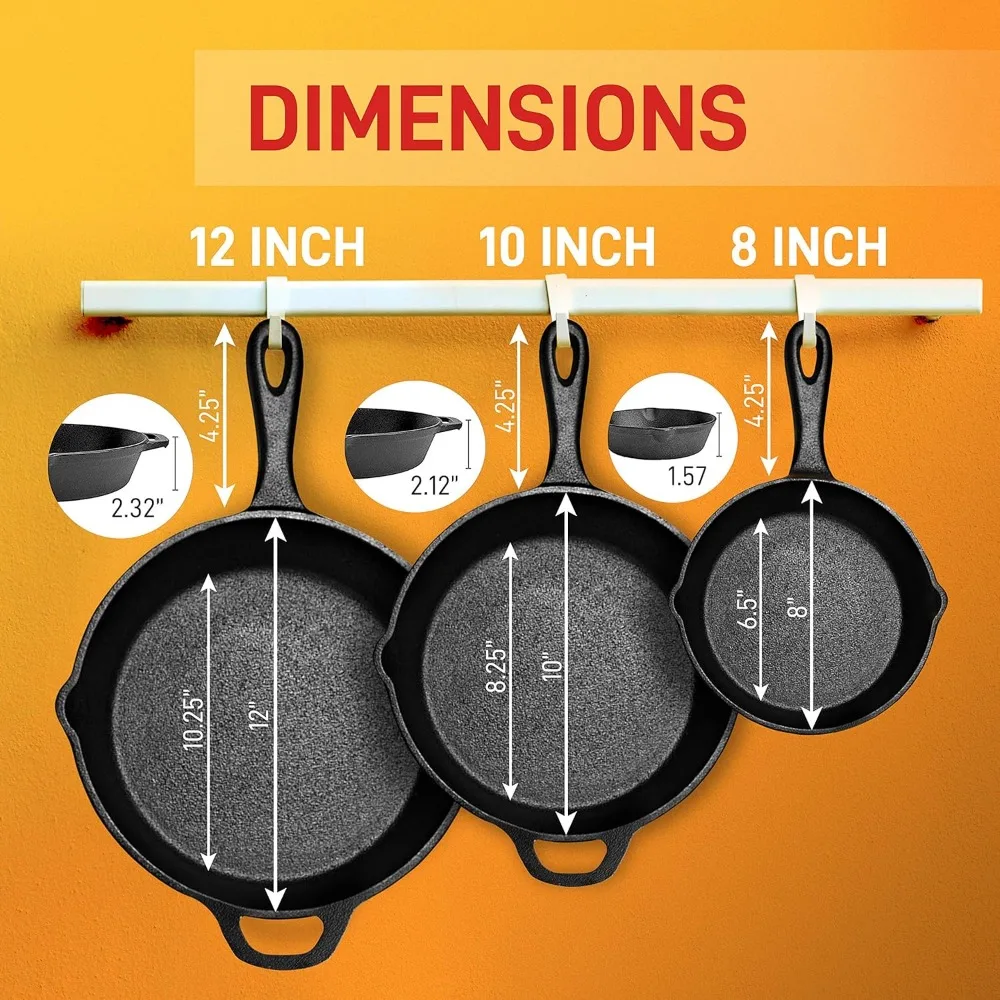 3-Piece Cast Iron Nonstick Skillet Set with Silicone Handles and Drip Spout, Suitable for All Cooktops