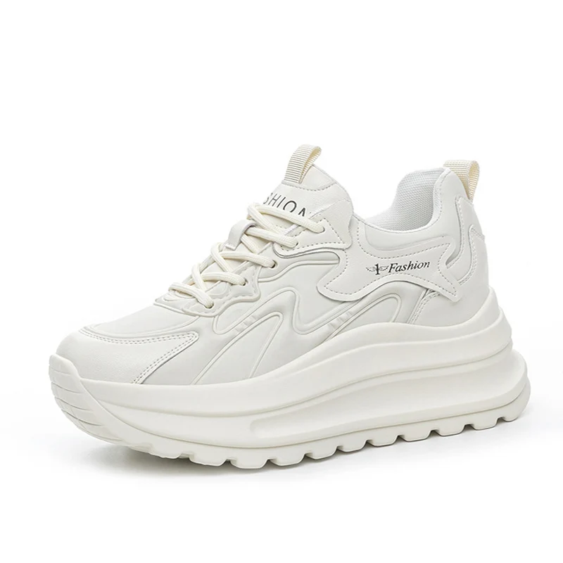 New Genuine Leather Shoes Women Chunky Sneakers Flat Platform Height Increasing 7cm Brand Ladies Casual Shoes Black Beige DX587