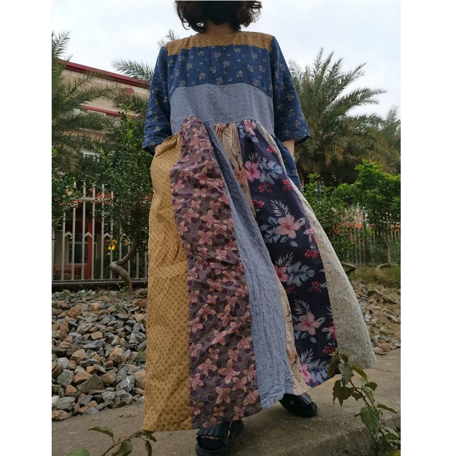 

Original Pastoral Loose Comfortable Casual Plaid Patchwork Long Dress Robe Summer Dresses Bohemian Dress