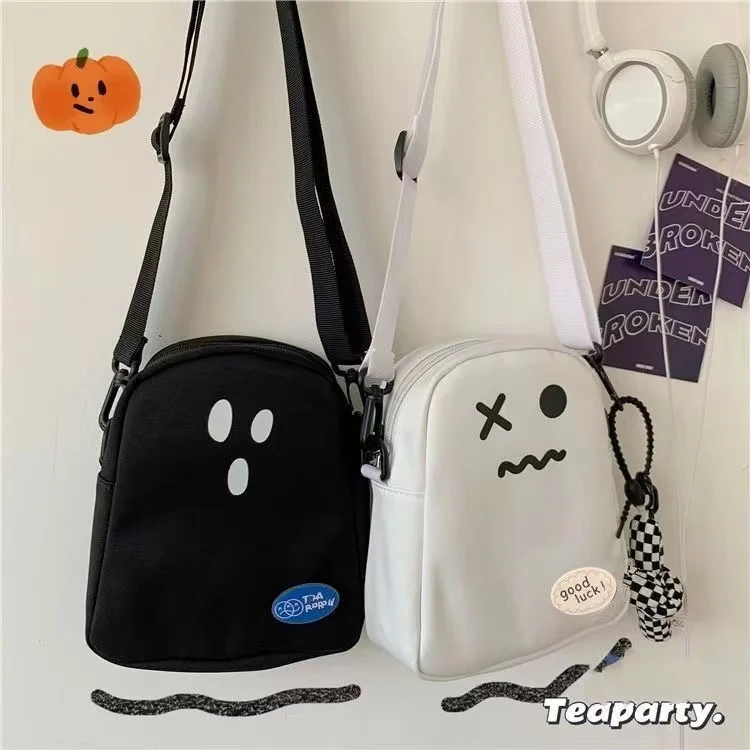 Black White Funny Cute Ghost Kawaii Women Canvas Bag Cartoon Harajuku Chic Ins Shopper Bag Women Shoulder Bags Large Capacity