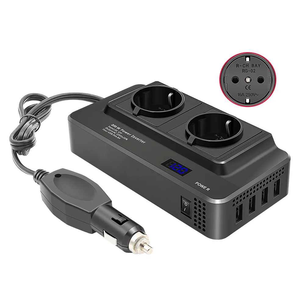 

200W Car Power Inverter,DC 12V to 220V AC Car Plug Adapter Outlet with 4USB Adapter Converter Auto Charger Dual EU Socket