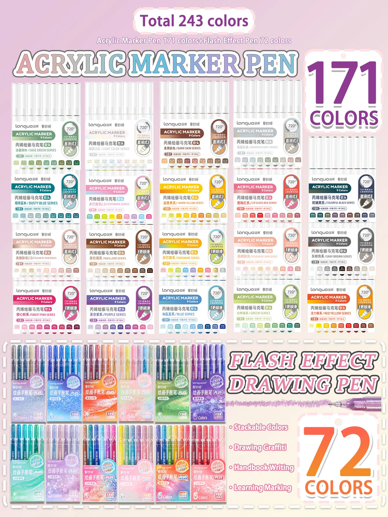 

Набор ручек для рисования Languo 243 цветов, акриловые маркеры 178 цветов, ручки для рисования с эффектом флэш-памяти 72 цвета, ручка для рисования граффити для студентов