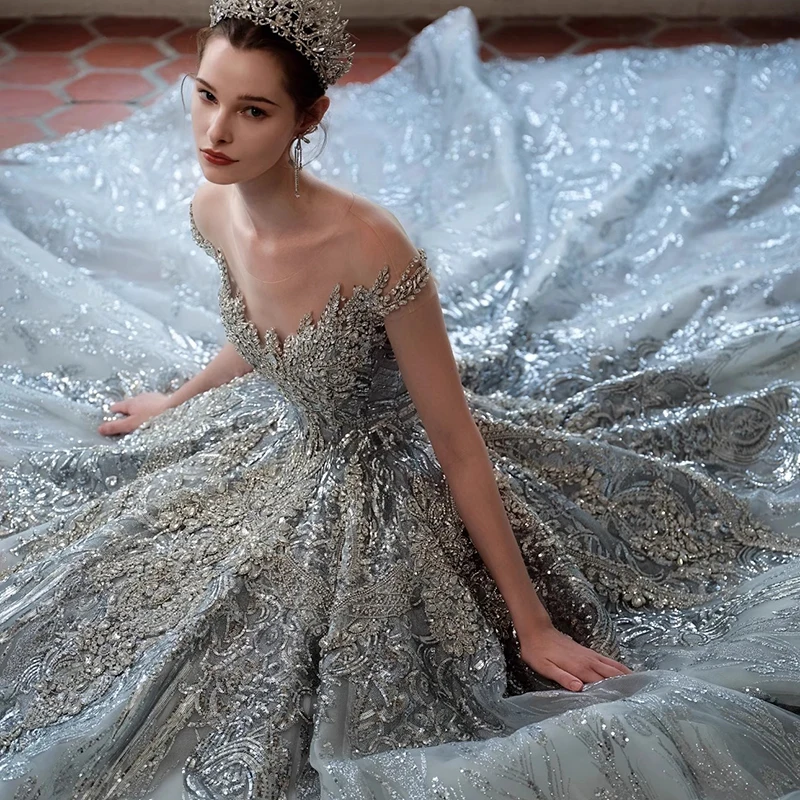

Luxury Sparkling Rhinestone Sequin Wedding Dress off the Shoulder A-line Puffy Bridal Dress Cathedral Long Trail Wedding Dress