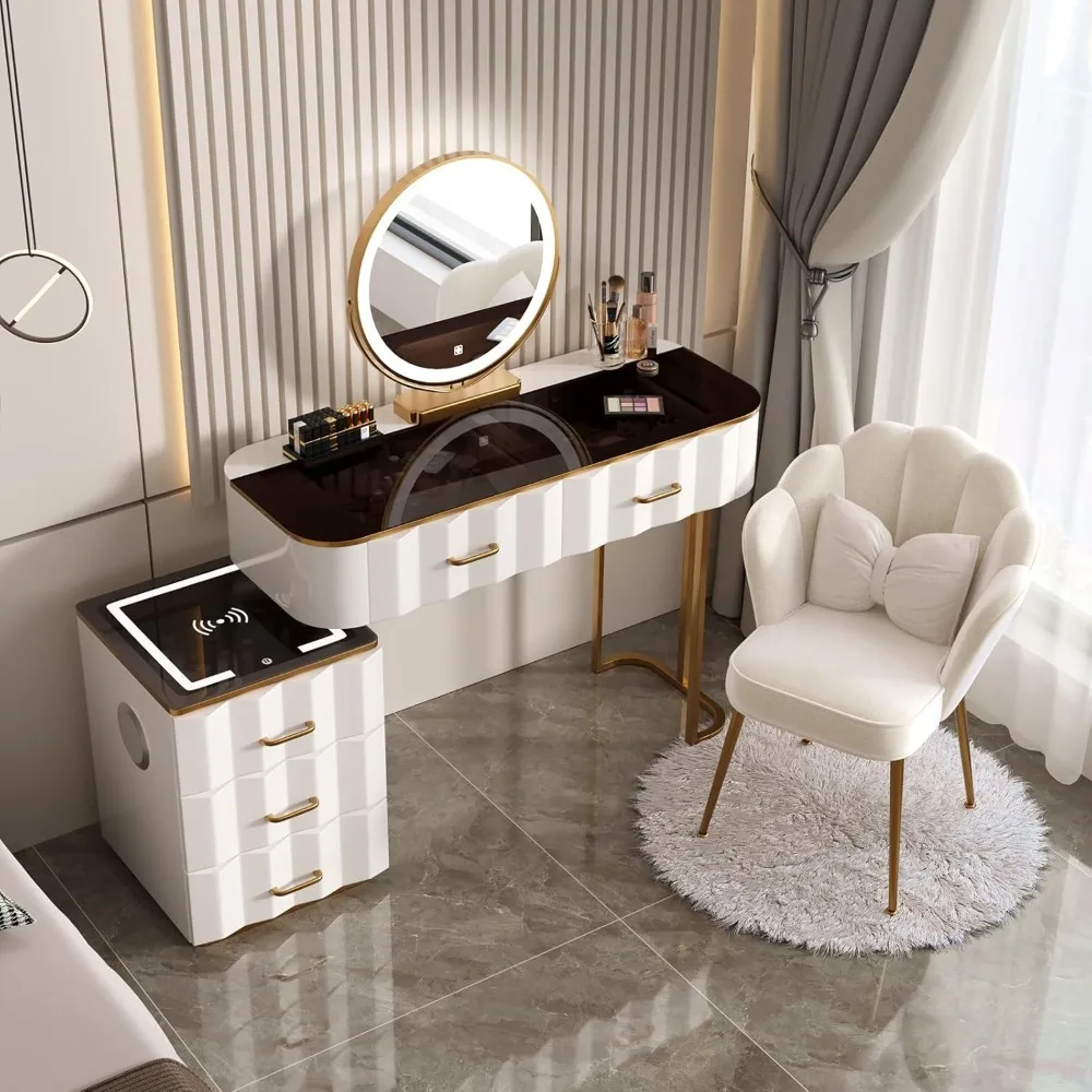 

Vanity Desk with Wireless Charging Station and Bluetooth Speaker, Vanity with Glass Top, Modern Dressing Table W Lighted Mirror