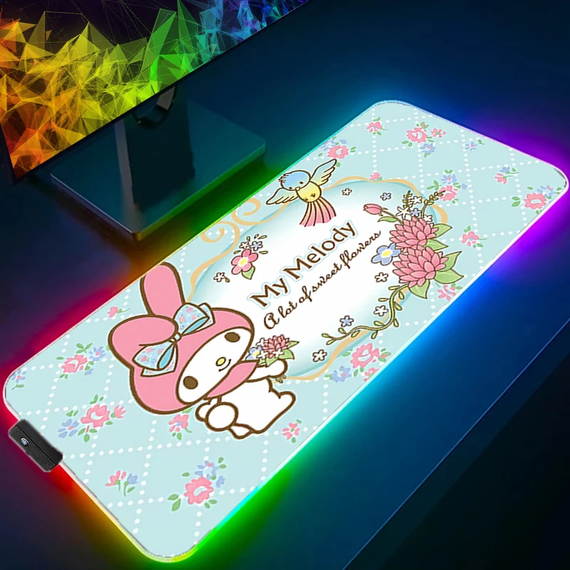 

Милый коврик для мыши M-my Melody RGB, игровой резиновый коврик с подсветкой, клавиатура для ПК, ноутбук, компьютер, скорость, светодиодный настольный коврик, игровые коврики для мыши