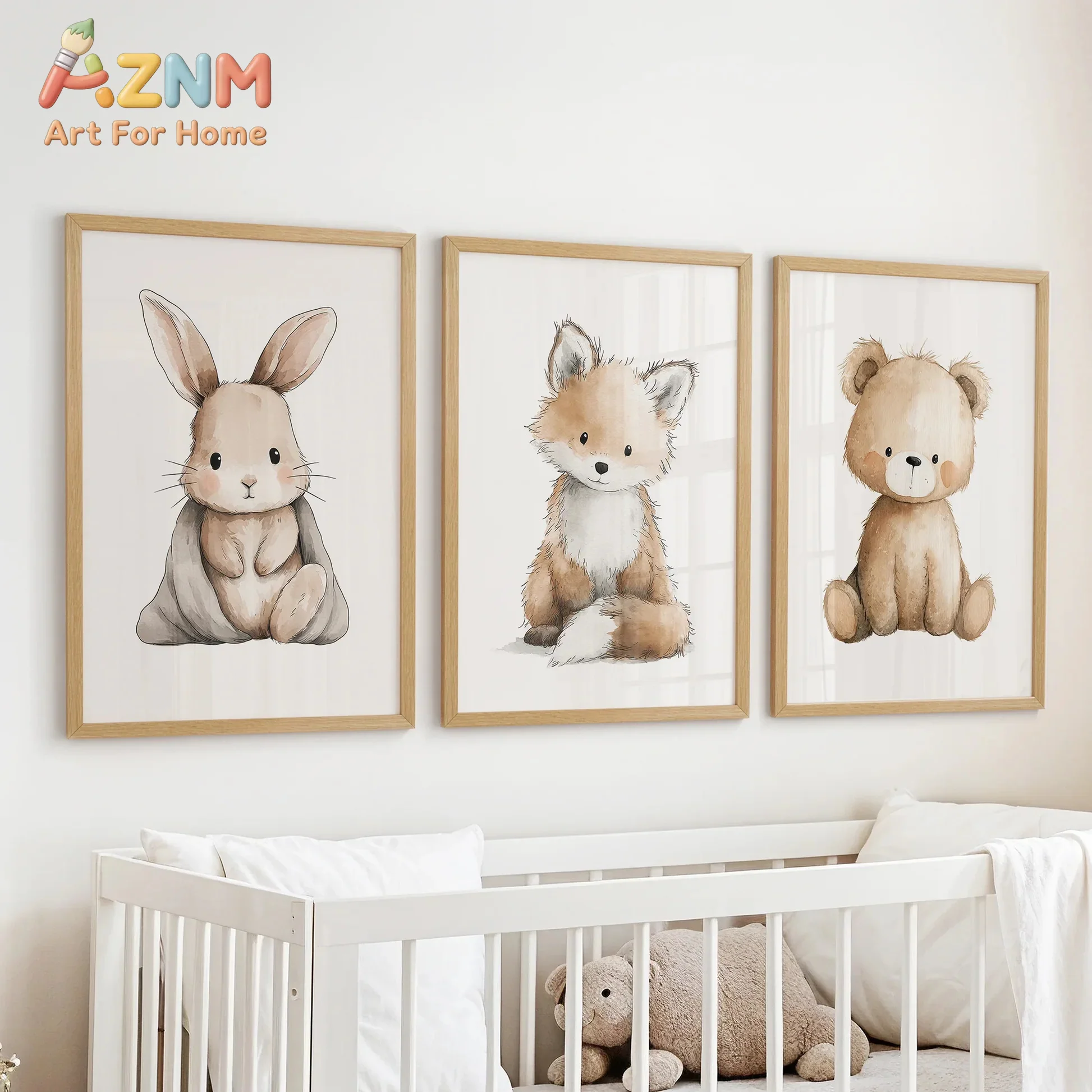 AZNM Watercolor Woodland Rabbit Fox Bear Canvas Wall Art Frameless Poster Cute Animal Print Home Decor for Nursery Kids Bedroom
