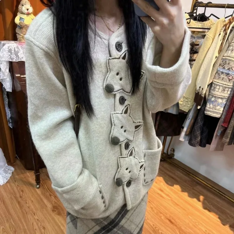 Harajuku Vintage Little Fox Cardigan Mujer Autumn Winter New V-neck Sweaters Coat Y2k E-Girl Long Sleeve Knitted Tops Women