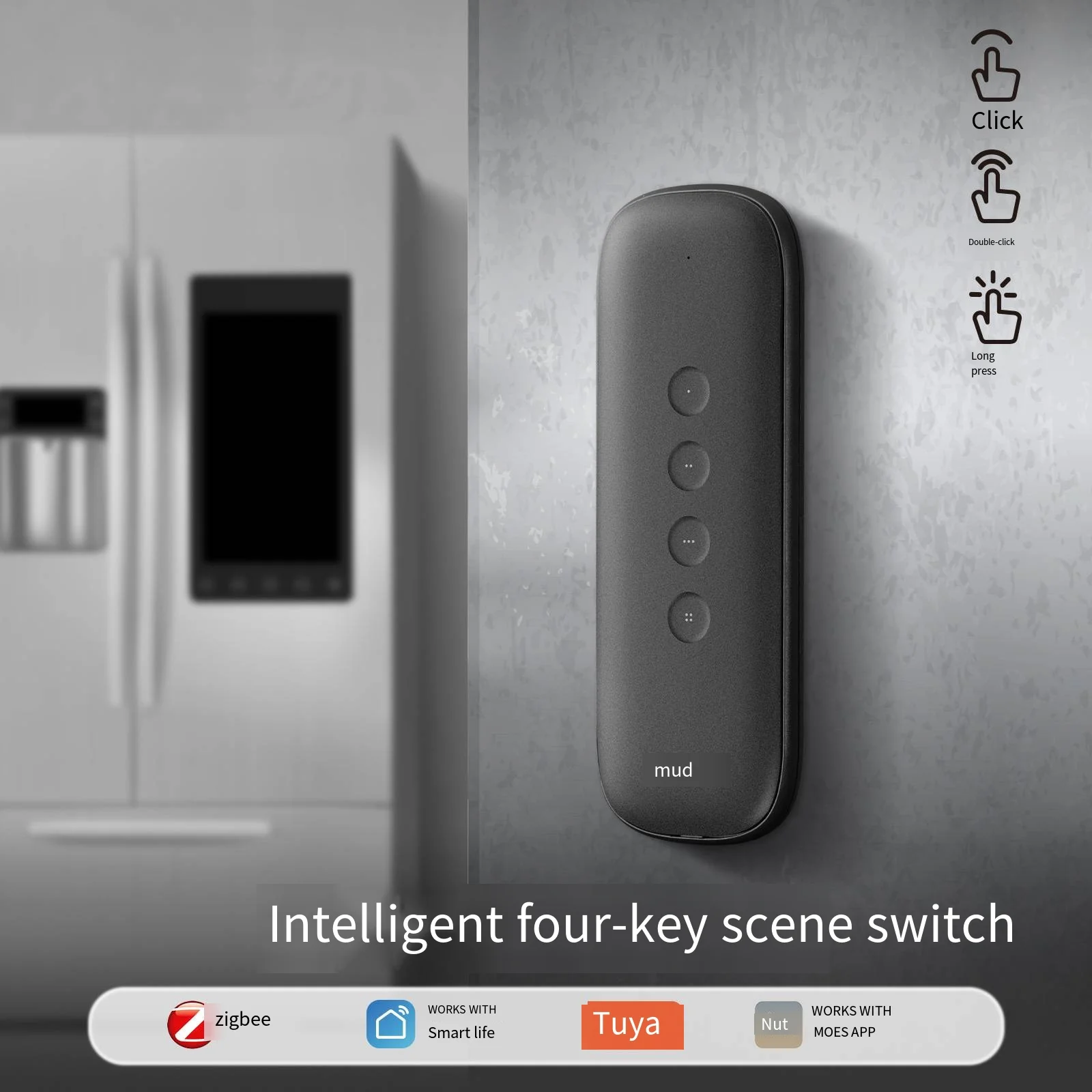 يمكن نقر المفتاح اللاسلكي Tuya ZigBee بقدرة 500000 مرة مع عمر بطارية طويل ونقرة واحدة بنقرة مزدوجة وضغط طويل #1