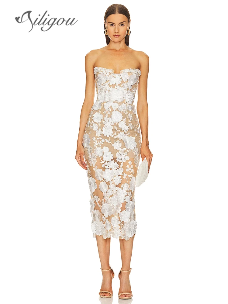 

Ailigou 2024 New Summer Women's High Quality Sexy Strapless Lace Flower Tight Midi Dress Elegant Celebrity Party Dress