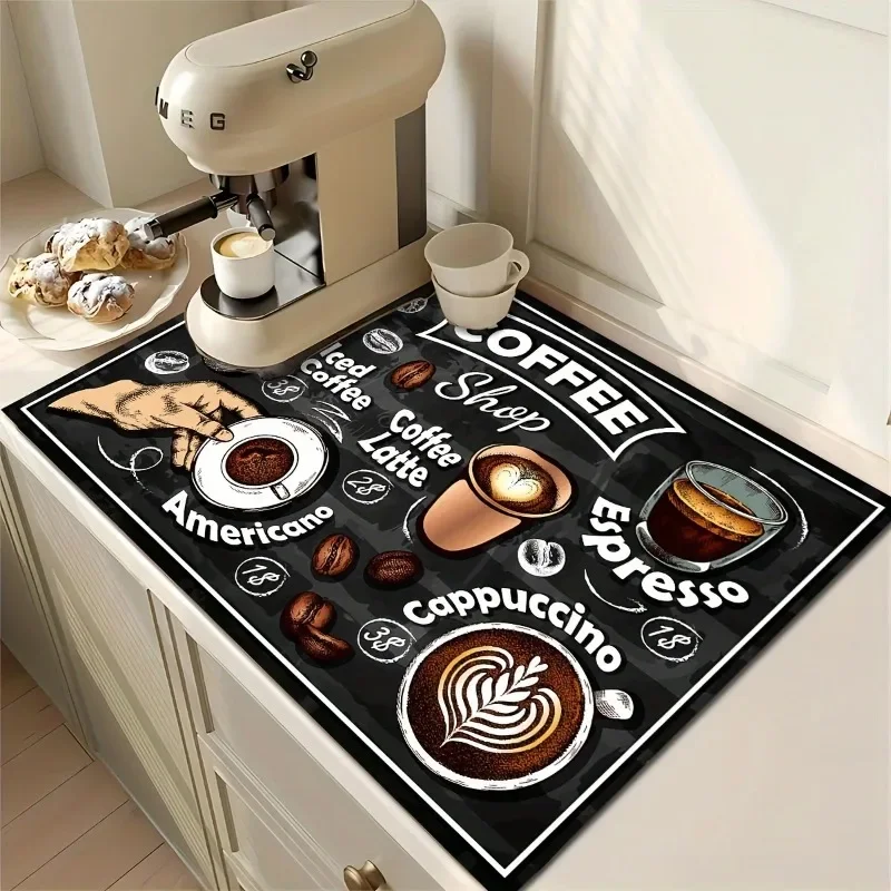 1PCS Vintage Coffee Print Kitchen Drying Mat Super Absorbent Stain-Hiding Dish Pad with Non-Slip for Coffee Machines Countertops