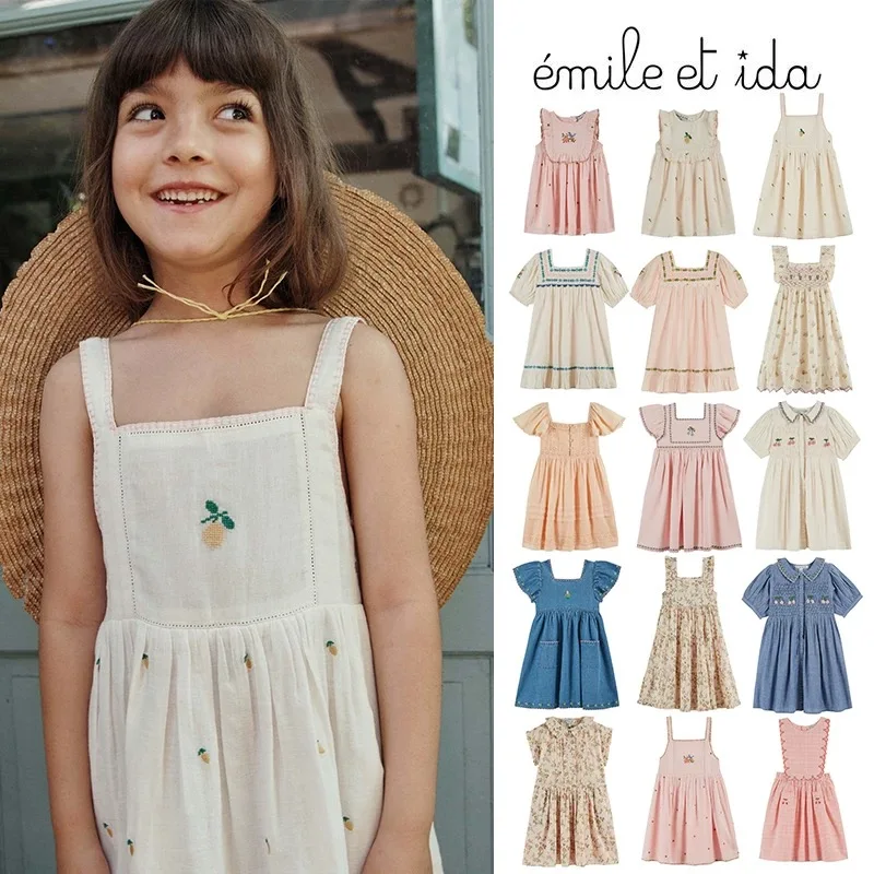 2026 New émile et ida Style Kids Embroidered Dress Lemon Fruit Embroidery Baby Girl Linen Sundress Children's Clothing