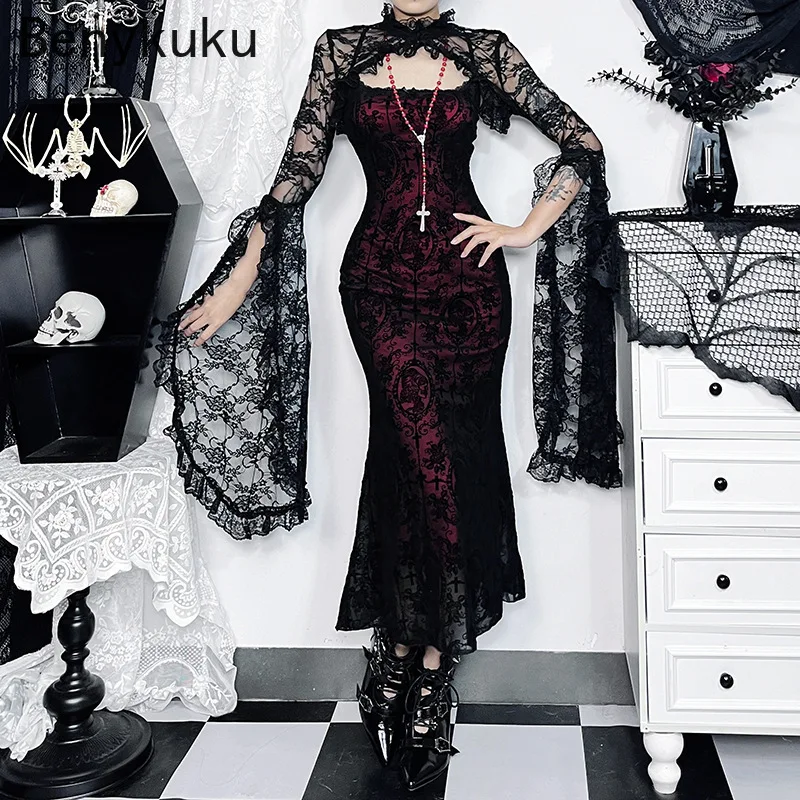 

Gothic Cross Flocking Sling Fishtail Dress Women Retro Velvet Cold Shoulder Sexy Spaghetti Strap Wedding Party Long Dresses