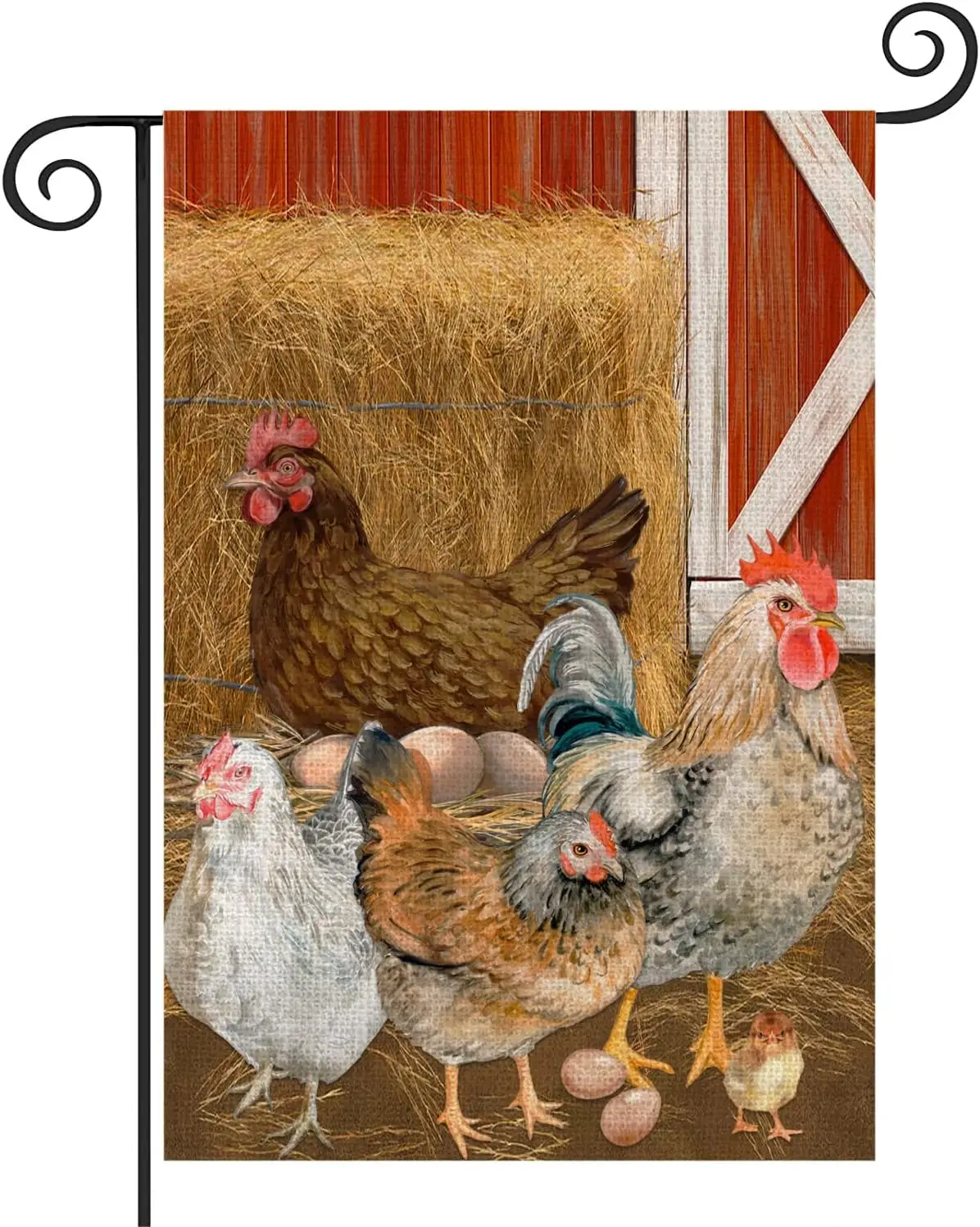 Chicken Garden Flag 12x18 Double Sided Farm House Outdoor Decor for Front Porch Rooster Chick Hen Egg Farm Barn Hayrick Patterne