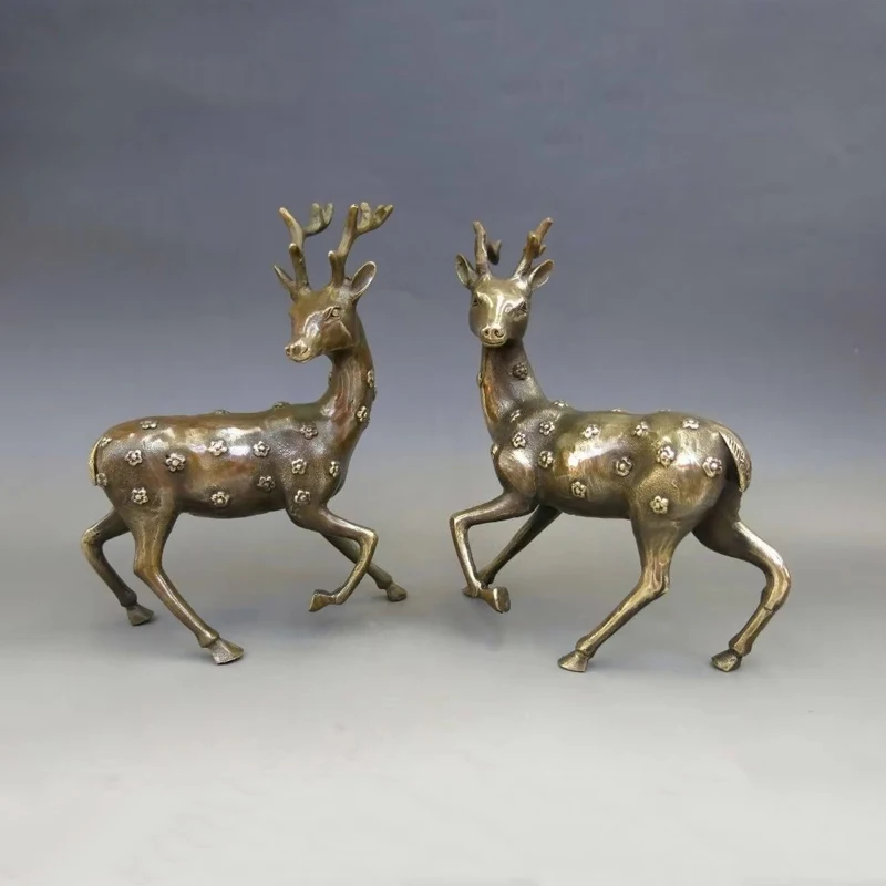 Пара изысканных китайских старых украшений ручной работы счастливых медных скульптур - олень