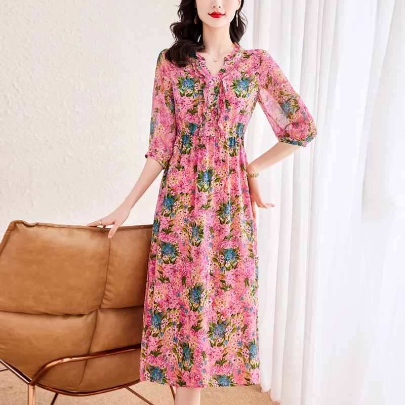 Summer Fashion Retro Silk Printed Mulberry Silk Dress For Women 2023 New Versatile Floral Loose Fit Leisure Vacation Vestidos