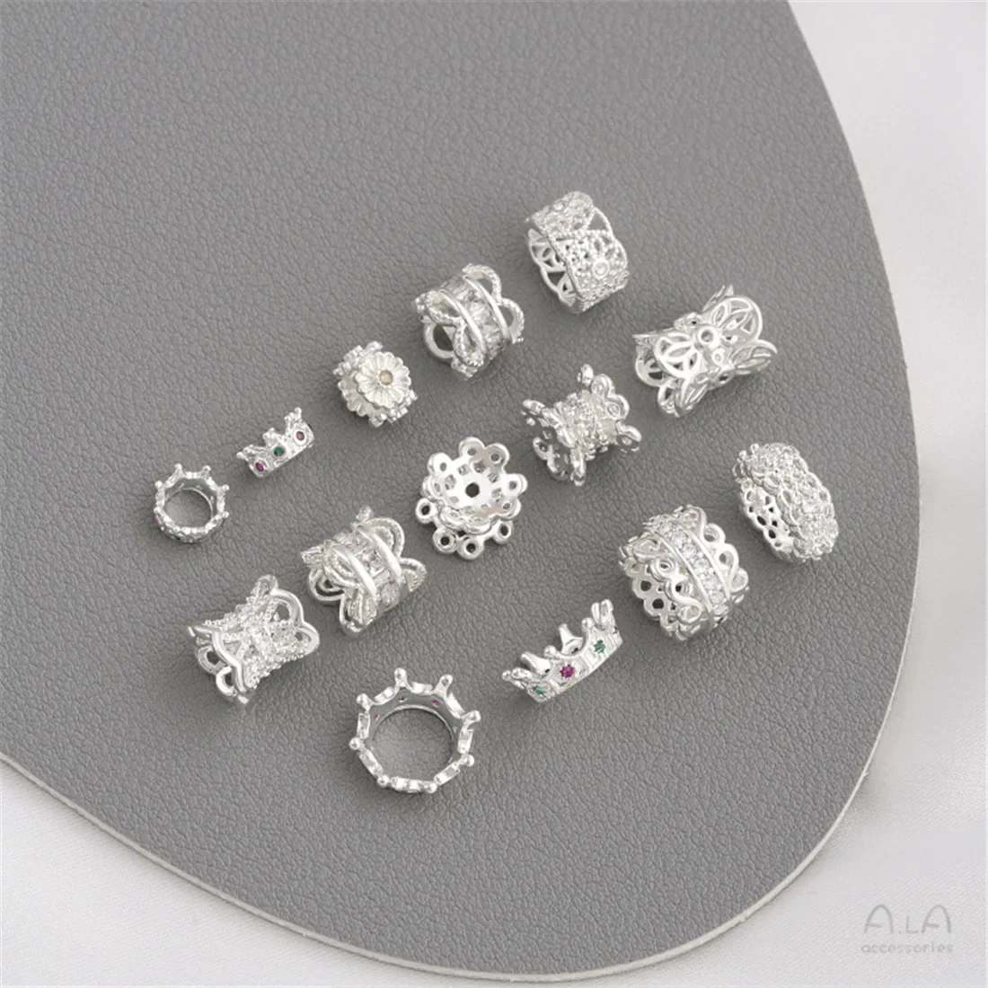 Thick Silver Inlaid with Zircon Lace, Double-sided Flower Holder, Crown Spacer, Large Hole Spacer Bead, Headpiece Accessory Pack