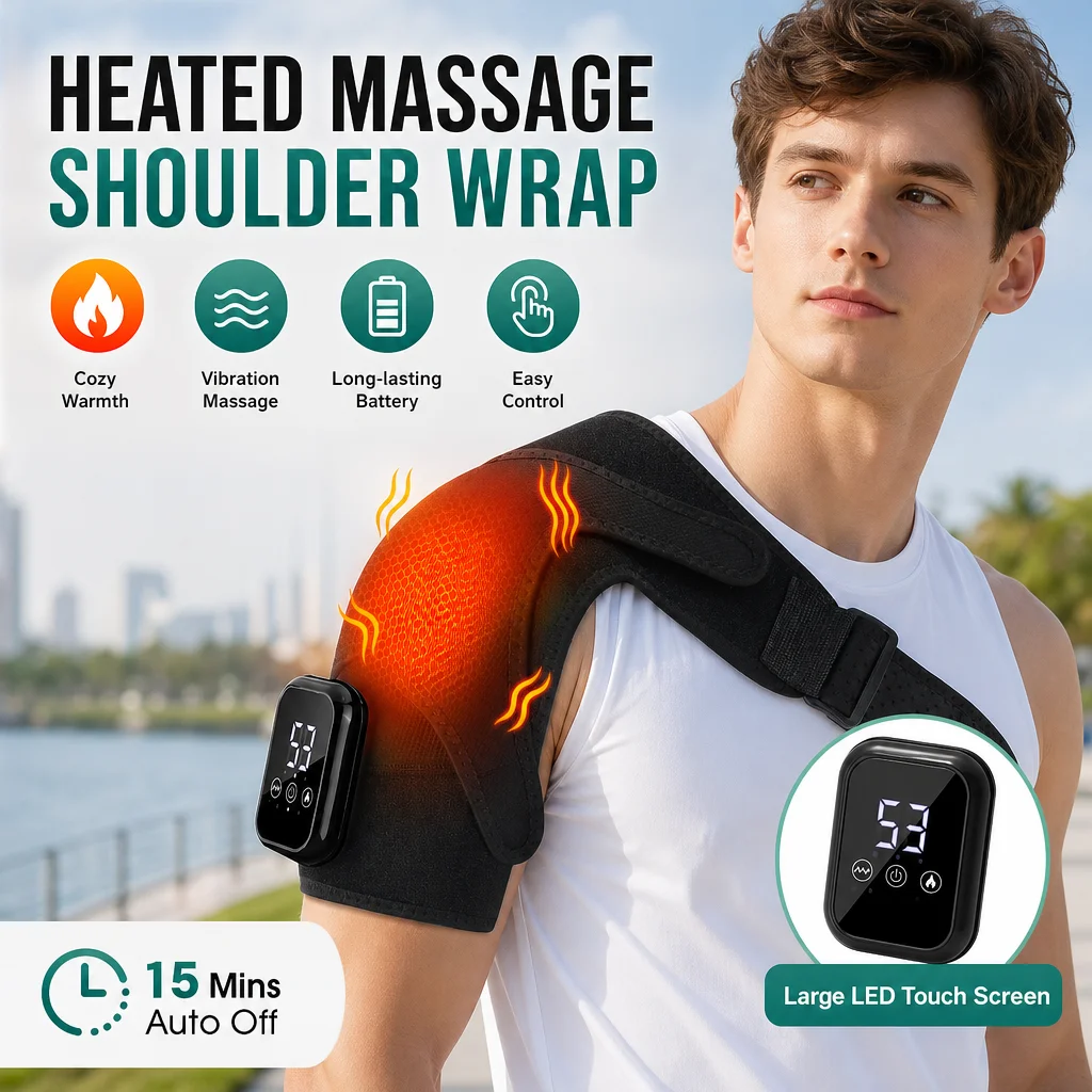 Cordless Heated Shoulder Massager, Electric Shoulder Heating Pad with 3 Vibration Modes, LED Display Hot Compress Joint Brace