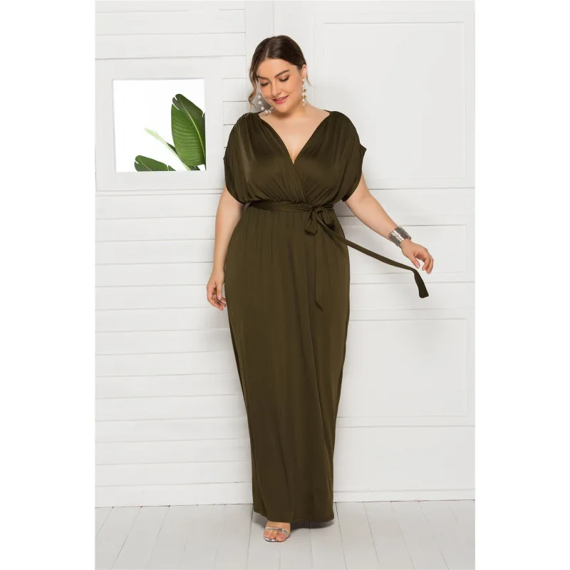 

2025large size women's clothing wish new sexy solid color V-neck loose pendulum dress