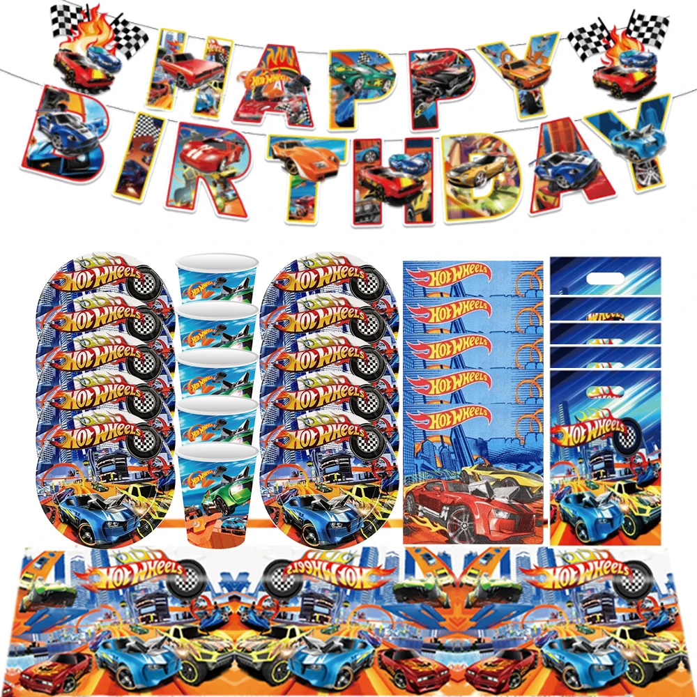 Hot Wheels Tableware Set Birthday Party Decorations Racing Cars Boys Plates Cups Cake Toppers Balloons for Baby Shower Supples