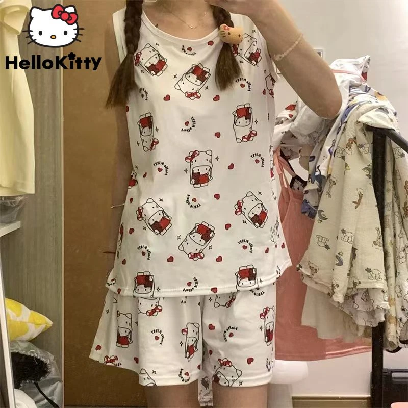 Пижамный комплект Kawaii Hello Kitty Женский, милая домашняя повседневная одежда Sanrio Y2k, модный топ и шорты для девочек, комплект из двух предметов