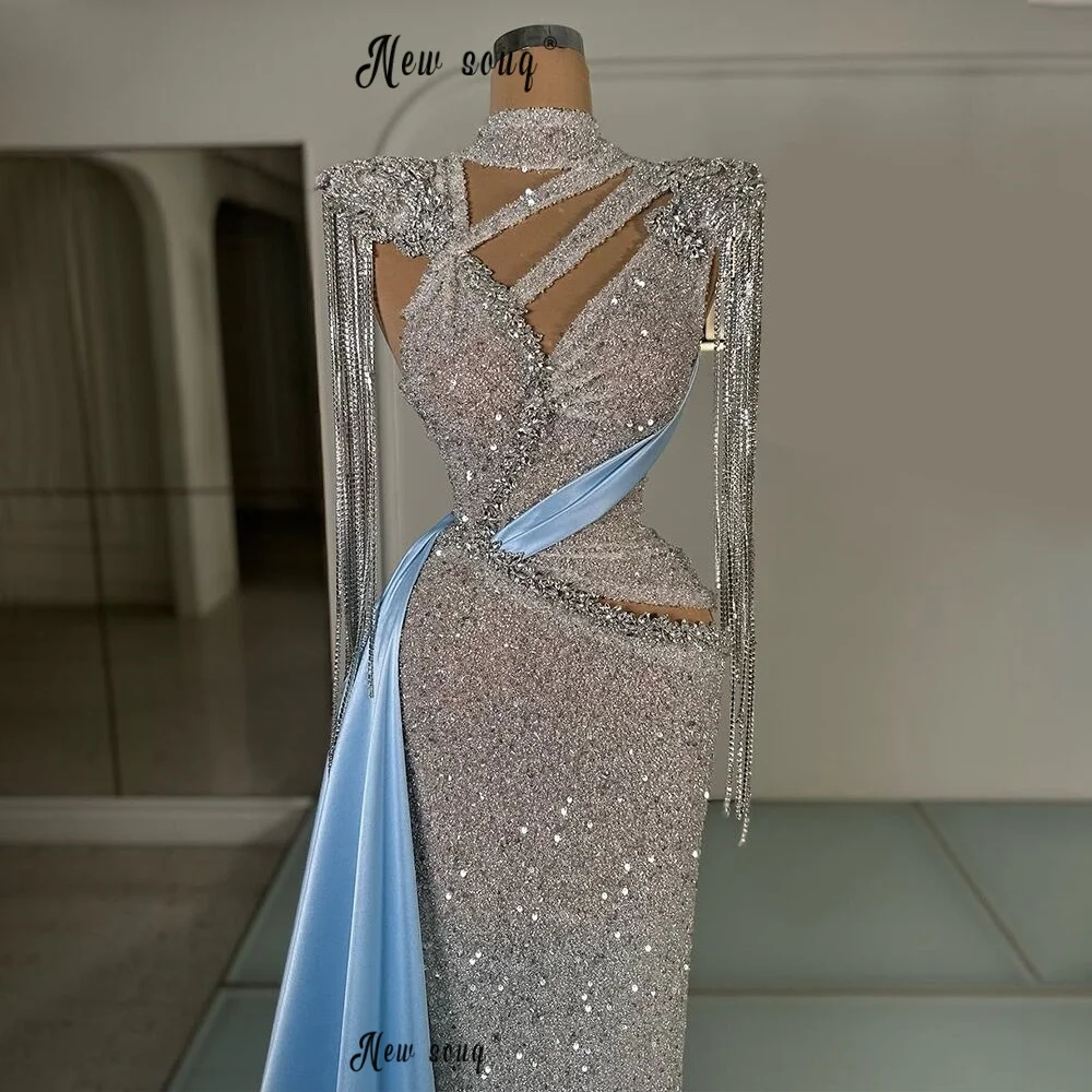 Light Blue Sequined Long Prom Dress With Grecian Neck and Overskirt 2026 Luxurious Customized Pageant Party Events Gowns