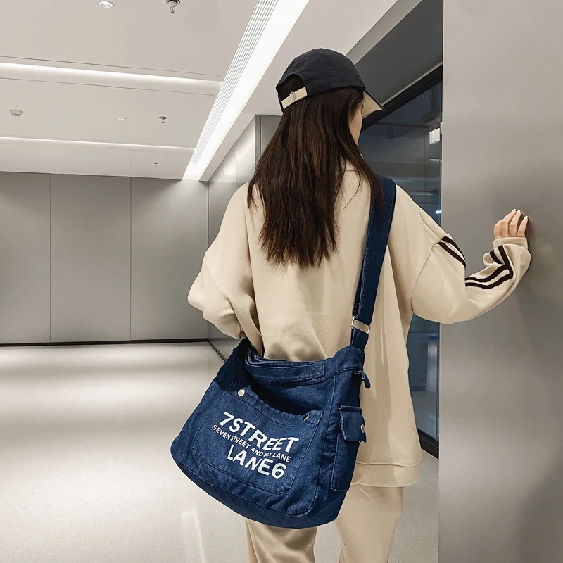 

Letter Denim Shoulder Bags For Women Fashion Tote Shopping Bag Casual Eco Bag Korean Canvas Messenger Bag Y2K Satchel College