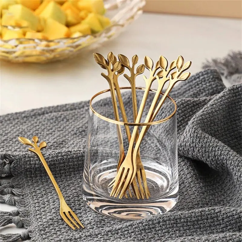 6Pcs Creative Stainless Steel Gold Flatware Fruit Fork Dinnerware Appetizer Snack Dessert Fork Kitchen Tableware Leaf Shape