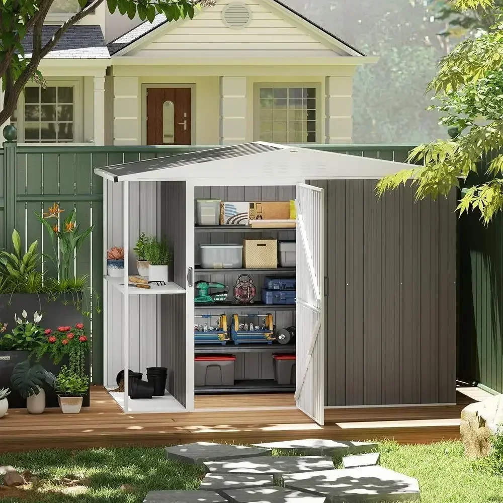 8ft x 4ft Outdoor Storage Shed with Lock, 2-Tier Rack, Air Vents, Ideal for Garden Tools, Backyard, Patio, Lawn - Warm Gray