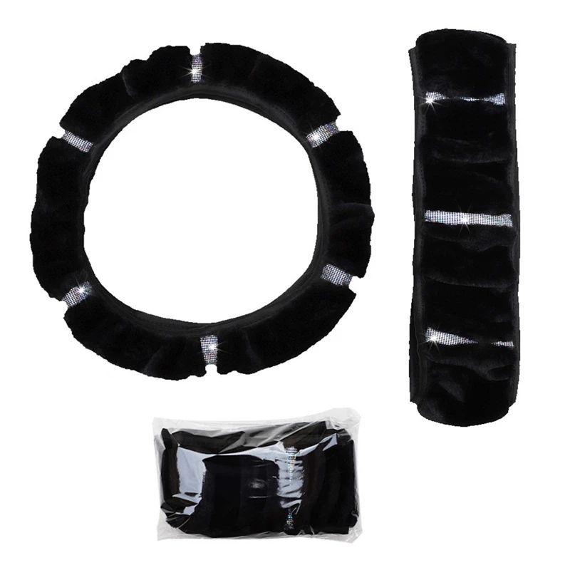 Car Steering Wheel Cover Gearshift Handbrake Cover Protector Decoration Warm Soft Plush Rhinestone Black Pink Women Man
