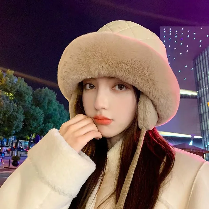 

Winter Thicken Velvet Earflap Hat Women Thermal Windproof Furry Plush Fisherman Caps Soft Faux Fur Brim Panama Bucket Hats byBen