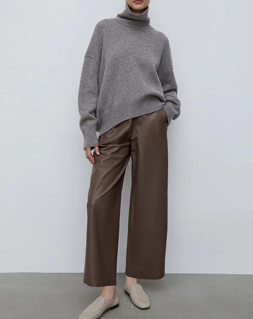 Women's Pants Spring Autumn Fashion Brown Leather High Waisted Casual Pocket Design for Daily Wide Leg Pants Y2K Streetwear
