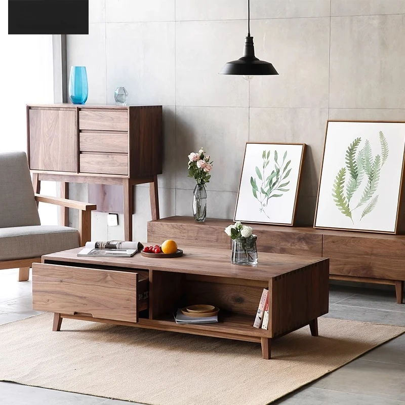 

Handmade woodwork black walnut square table solid wood coffee table simple storage living room household two-way drawer