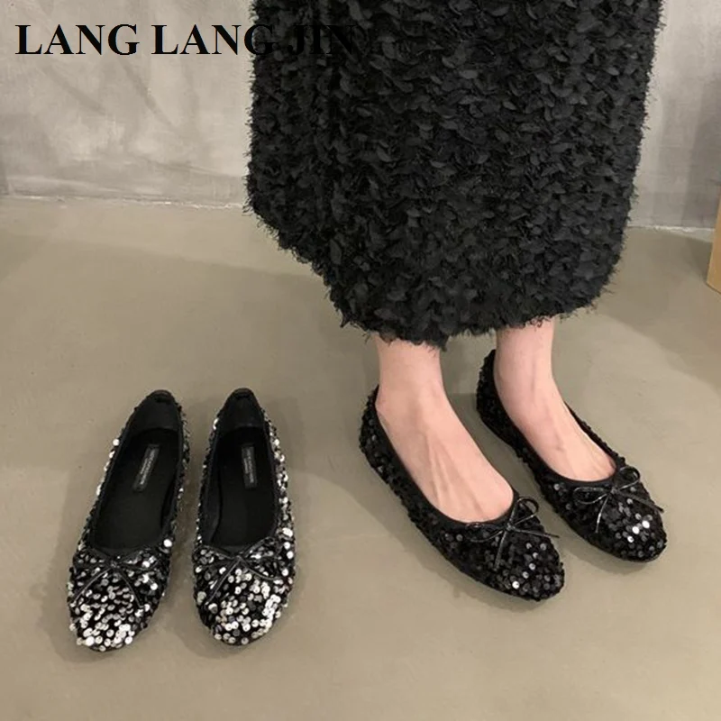 2023 New Autumn Bling Sequin Classic Ballet Shoes Women Round Toe Bowtie Ballerinas Casual Slip On Flats Elegant Valentine Mujer