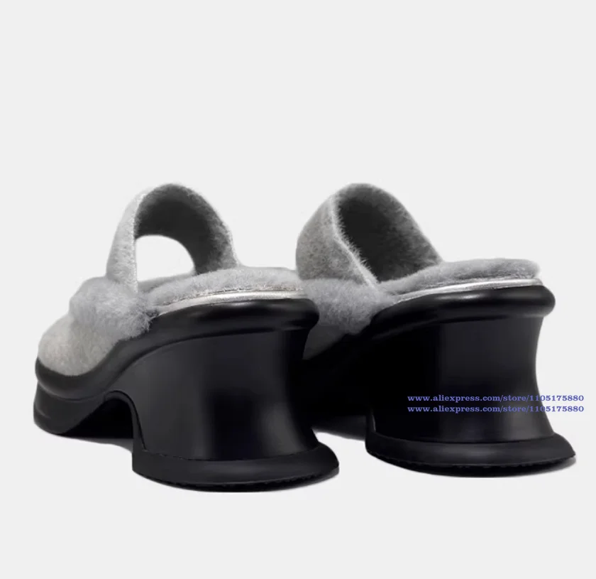 

Women's Grey Fuzzy Platform Mule Clogs Warm Fleece-Lined Wedge Heel Slides Cozy Chunky Heel Platform Slippers for Winter