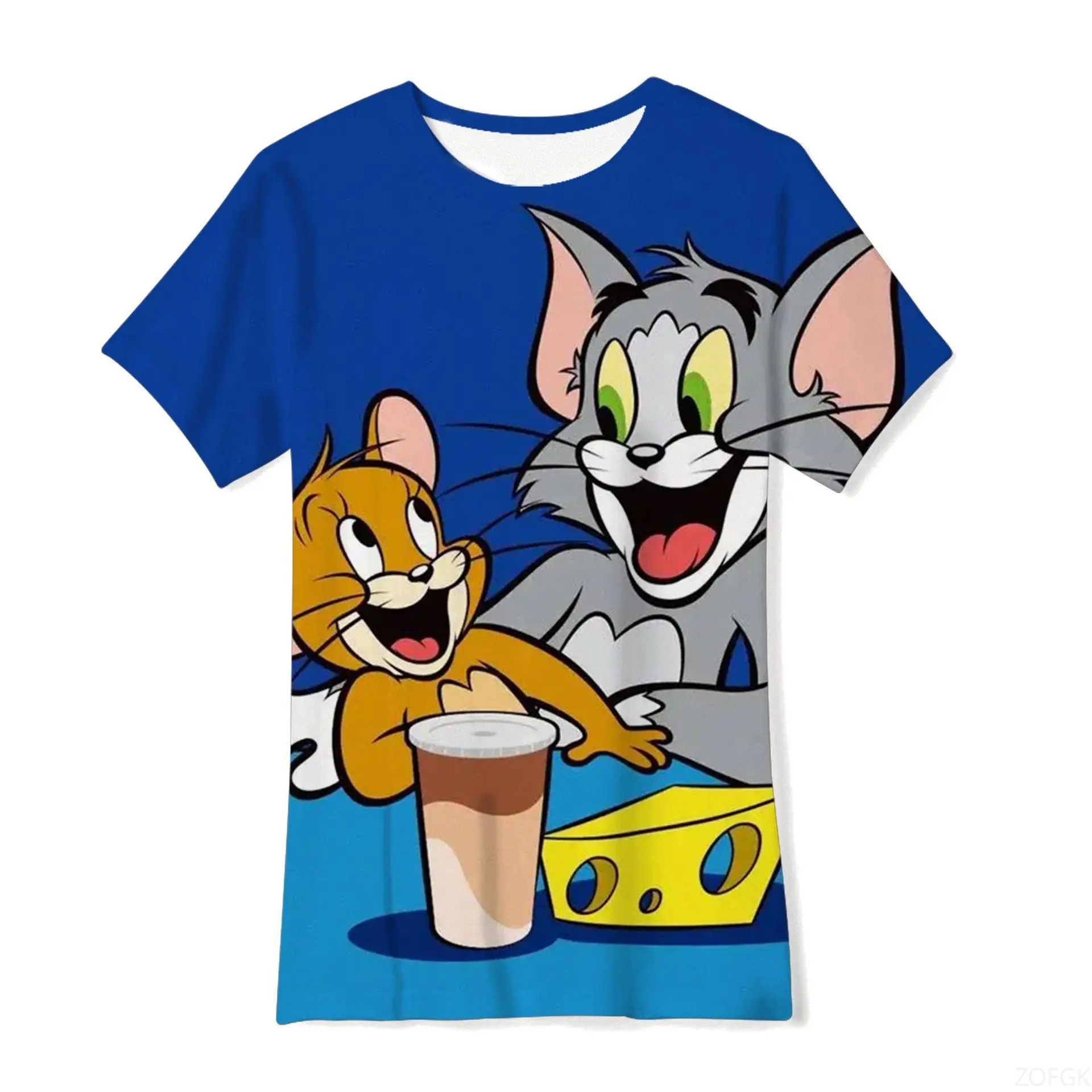 صيف جديد فضفاض أنيمي الكرتون القط والفأر 3D الطباعة الرقمية المألوف ومريحة جولة الرقبة قصيرة الأكمام تي شيرت #4