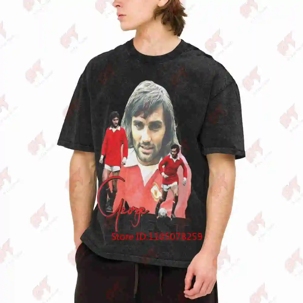 George Best Retro Soccer Vintage Washed Tee Pure Cotton T-Shirt