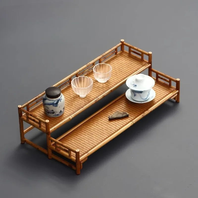 Bamboo double-layer tea cup holder, mat surface with surrounding tea set storage rack accessories Kung Fu tea holder