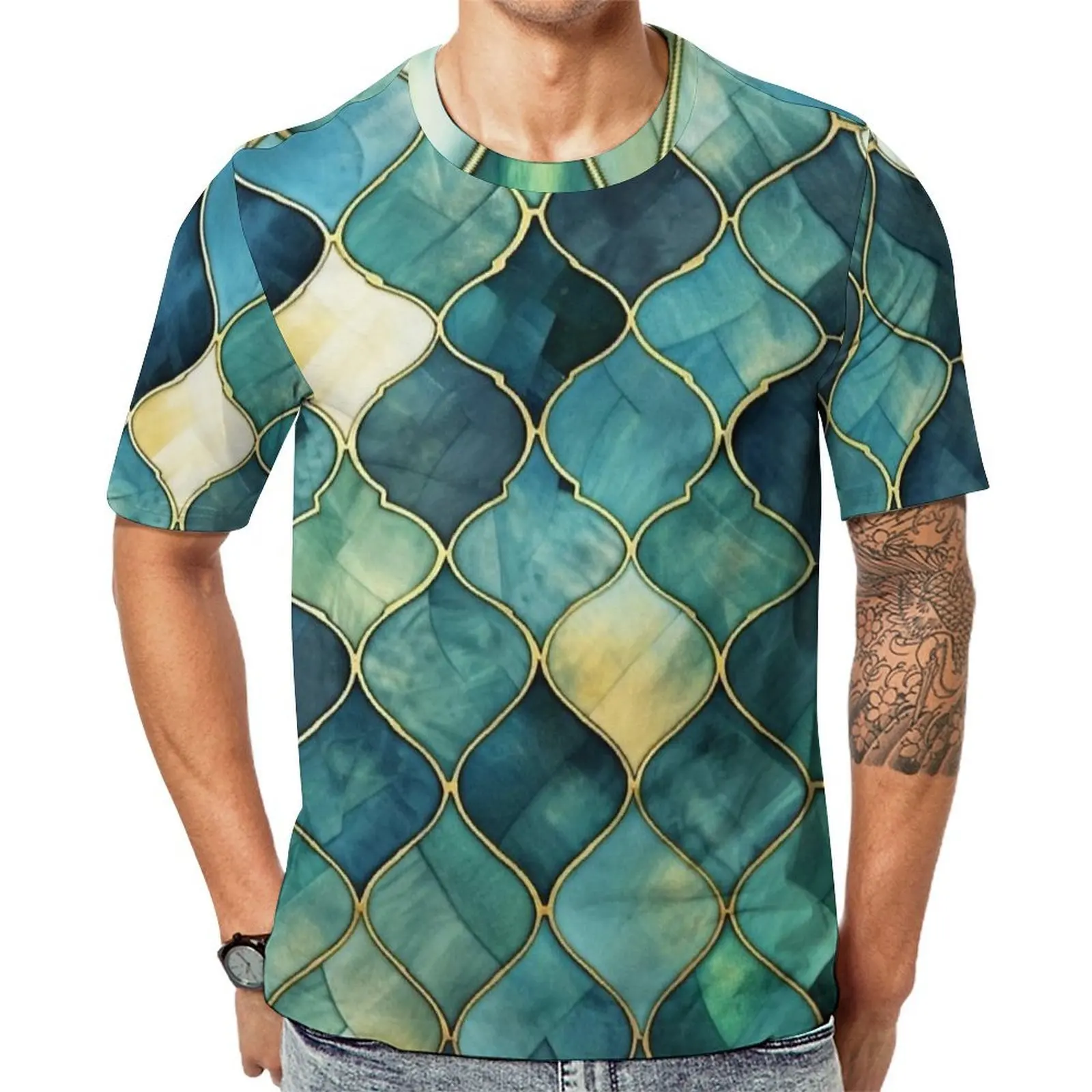 Teal Yellow Watercolor Moroccan Tile T Shirt Man O Neck T Shirts Summer Harajuku Tops Short Sleeve Kawaii Plus Size Tee Shirt