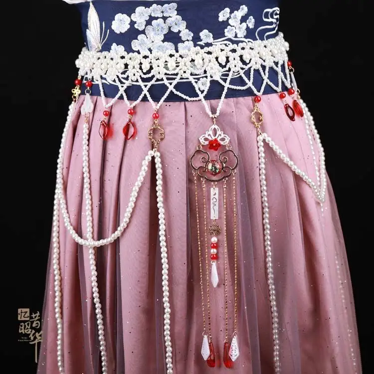 

Поясная цепочка Hanfu ручной работы - длинный пояс с жемчужной бахромой, китайские бижутерия в стиле династии Тан и Сун