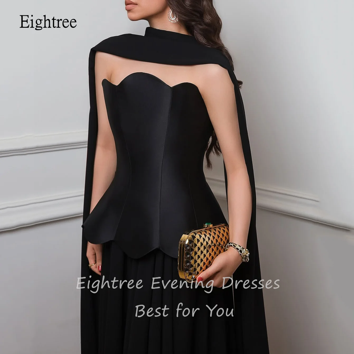 Eightree Modern Black Petal Collar A Line Prom Gowns Summer Cap Sleeves Party Gown Saudi Floor Length Evening Dress Customized