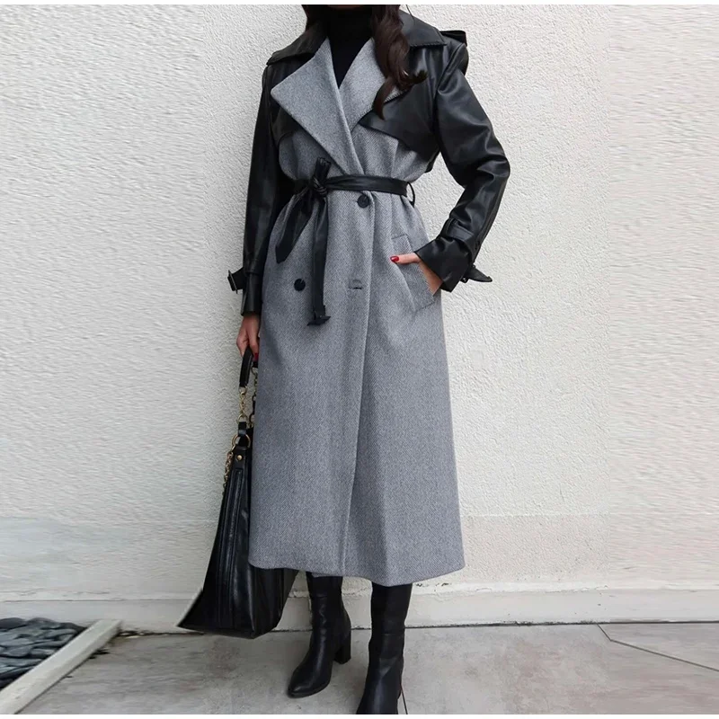 Lange Wollmäntel mit Paneelen und Gürtel, Damen, Streetstyle, Revers, lange Ärmel, Knopfleiste, lockere Jacken, Herbst, schick, neue warme Oberbekleidung – Detail 5