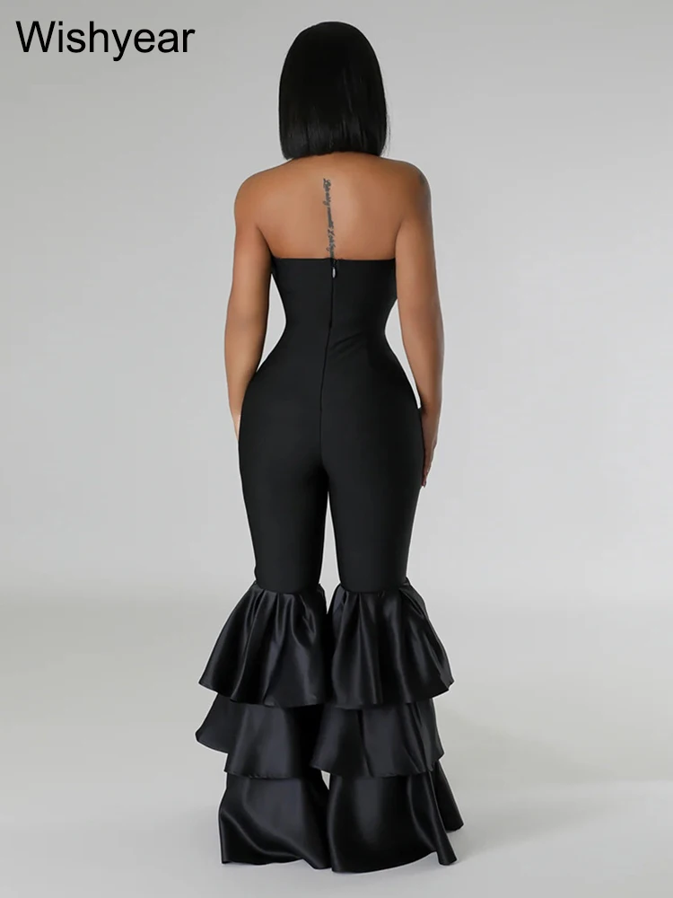 Nuove tute intere da donna nere senza spalline senza maniche pagliaccetti sexy slim fit lunghi volant pantaloni svasati night club anche tute