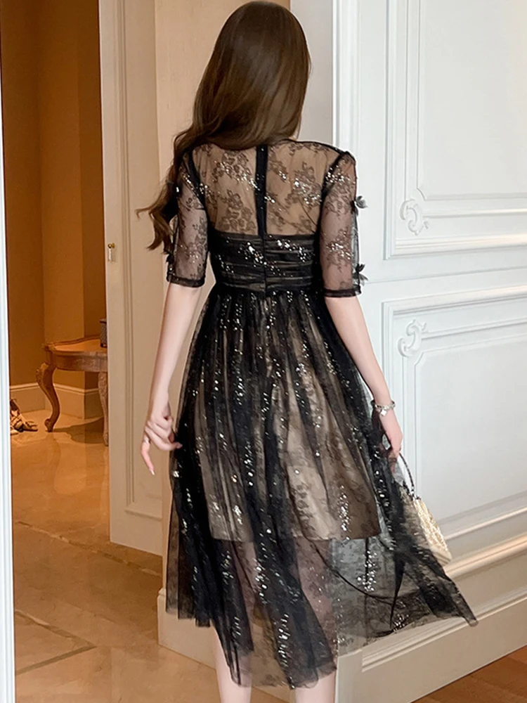 Women's Fashion French Retro Long Dress Woman Sheer Black Lace Butterfly Sequin Ball Gown Party Vestidos Prom Banquet Robe Femme