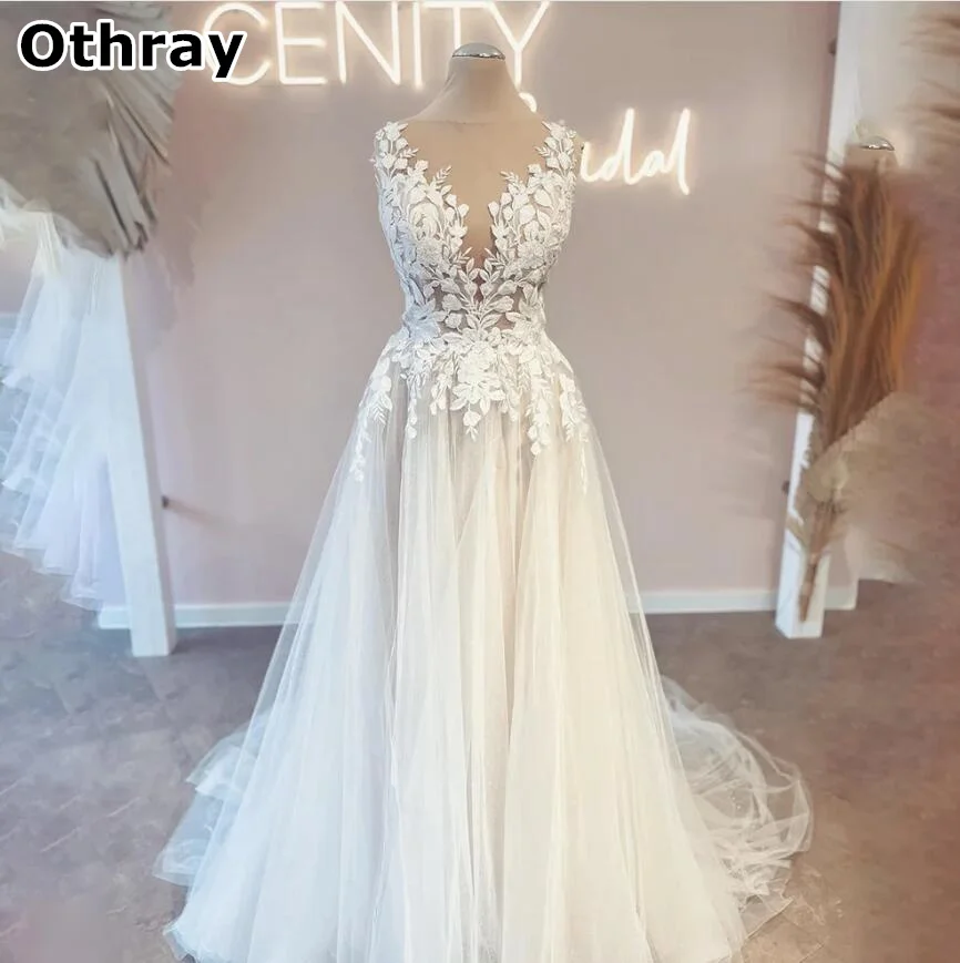 

Othray Vintage Lace Wedding Dresses A Line Sheer O Neck V Back Open Sweep Train Boho Bridal Gowns Vestidos De Novia