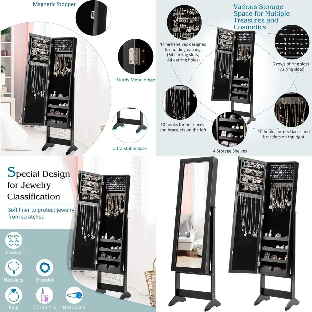 

Black Standing Jewelry Cabinet with Mirror, 64 Earring Slots, 72 Ring Holders, 20 Necklace Hooks, 4 Shelves