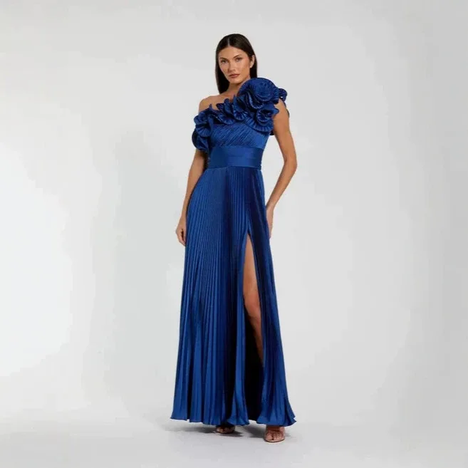 Abito da sera QMANSHA blu royal personalizzato con pieghe, monospalla, applicazioni floreali 3D, spacco alto, abito da ballo formale taglie forti da donna