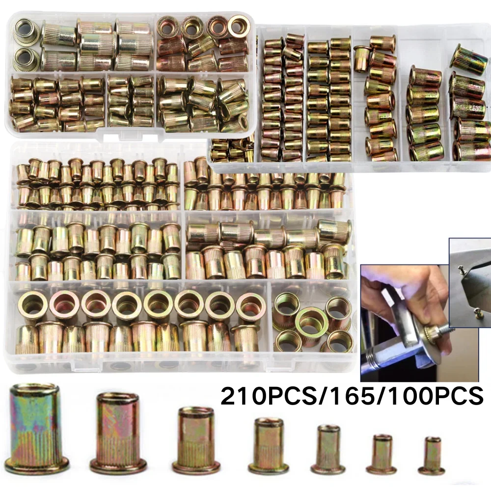 210/165/100PCS Box Rivet Nuts Carbon Steel M4 M5 M6 M8 M10 M12 Flat Head Rivet Nuts Set Hardware Multi Sizes Insert Rivet Nuts