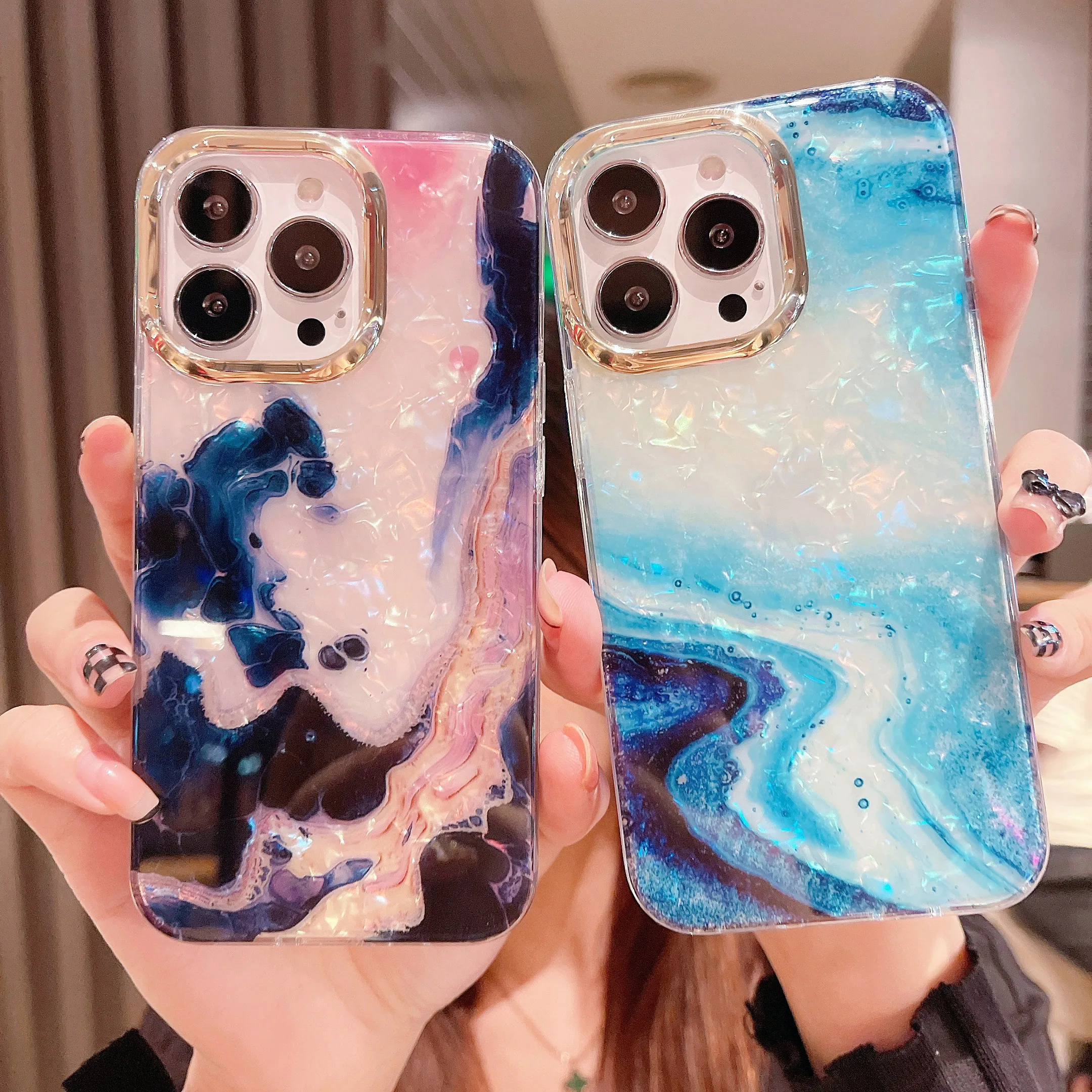 Laser Art Marble Pattren Phone Case for iPhone 16 15 14 13 12 11 Pro Max Transparent Shockproof Hard Cover