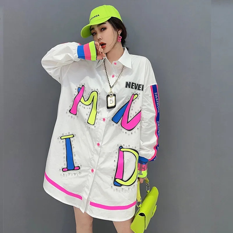 

Chic Ins Women Shirt Letters Print Sequins Blouses Loose Beadings Oversized Woman High Street Cool Young Ladies Shirts NZ220