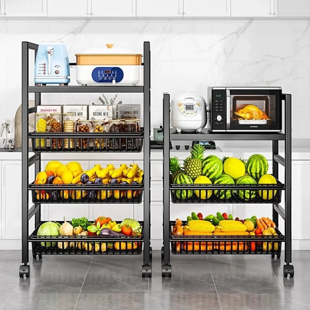 Kitchen Multi-Layer Storage Basket Floor Movable Pot Rack Room Trolley Rack Microwave Shelf Cart